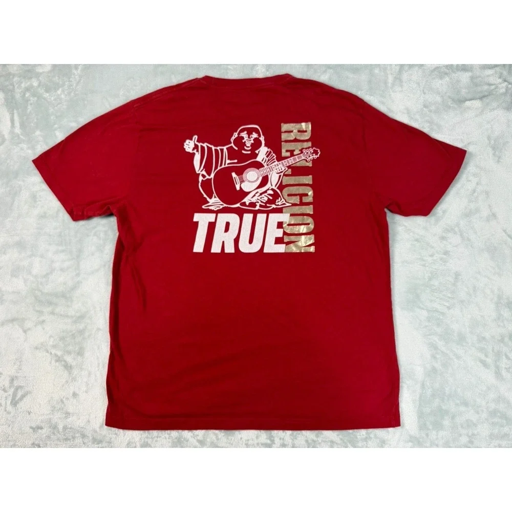 True Religion Shirt Men's 2XL Red Gold Foil Metallic Buddha Logo Cotton T-Shirt